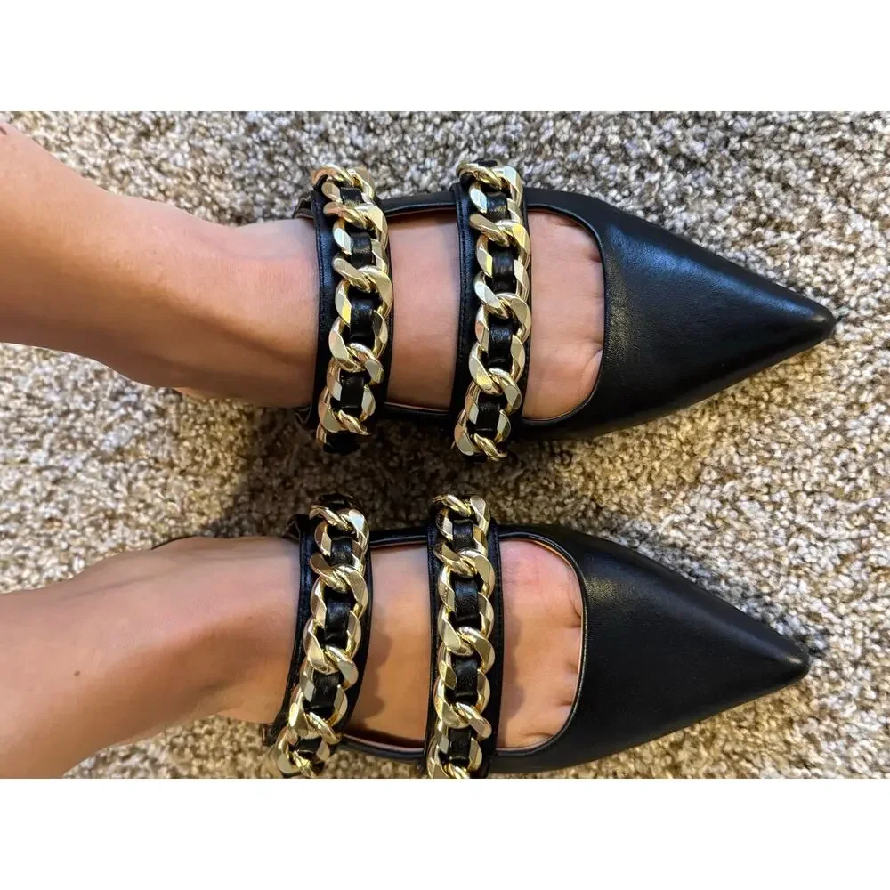 NIB Linea Paolo Aurel Black Napa Leather Mule Slide Chunky Gold Chain 5 Flat